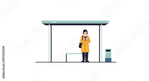 A woman wearing a bright yellow trench coat stands patiently at a minimalist bus stop shelter while using her mobile phone device for communication.