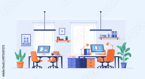 Modern office with two workstations, equipped with computers, lamps, orange chairs and potted plants for a productive environment