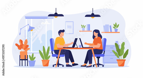 Two people working on laptops at a desk in a bright, plant-filled room