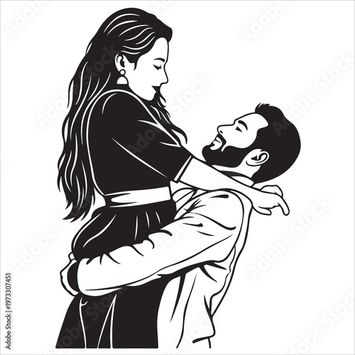 Romantic Couple Silhouette Vector Illustration - Black and White Silhouette of Man Lifting Woman - High-Quality Vector Art for Wedding and Anniversary Designs - Transparent Background