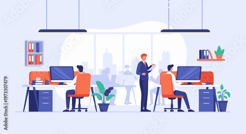 Modern office with employees working at computers, a manager overseeing tasks