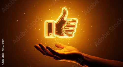 Hand holding glowing thumbs up icon in dark background