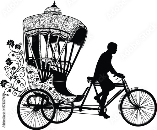 Traditional rickshaw silhouette, ornate tricycle design, decorative canopy artwork, cultural transport illustration, black and white minimalist style, artistic heritage vehicle