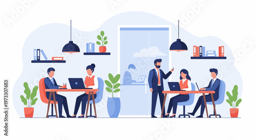 Diverse professionals collaborate and work on laptops in a modern office setting