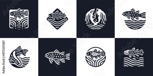 Artistic Fish and Water Ripple Logo Symbols
