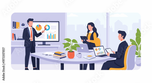 Business professionals in an office discussing data on screens and tablets