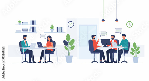 Colleagues collaborate in a modern office, using laptops and computers for discussions