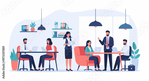 Diverse professionals collaborating and working in a modern office setting with laptops and plants