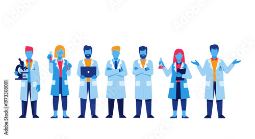 Diverse scientists in lab coats with equipment, representing teamwork and innovation