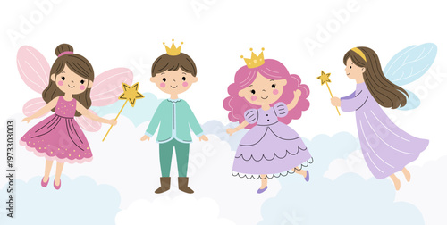 Cute princess, prince and fairies in flat minimal style. Simple pastel characters for kids fantasy design