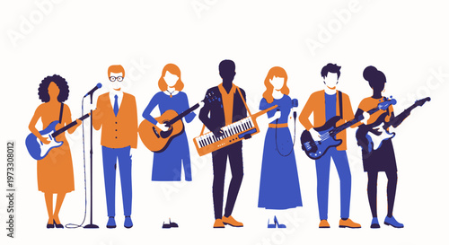 Diverse Music Band Performing Together, Vector Illustration