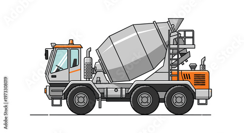 A detailed side view of a heavy-duty concrete mixer truck features a large rotating silver drum and a bright orange driver cab section on a white background.