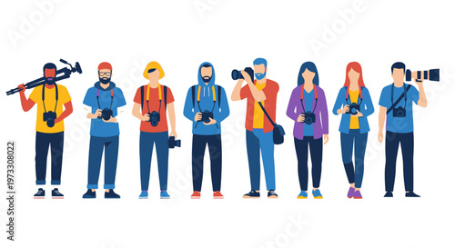 Diverse group of photographers with cameras and tripods, illustration