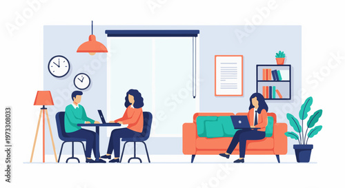 People working on laptops in a cozy room with plants and clocks