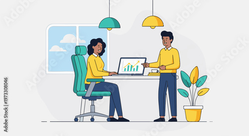 Two colleagues discuss a rising chart on a laptop in a bright office with a window view