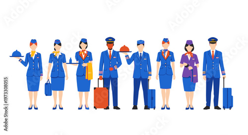 Diverse Airline Crew Uniformed Staff with Luggage and Trays