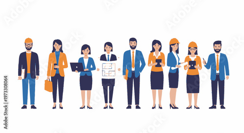 Diverse Team of Professionals in Business Attire with Blueprints and Laptops