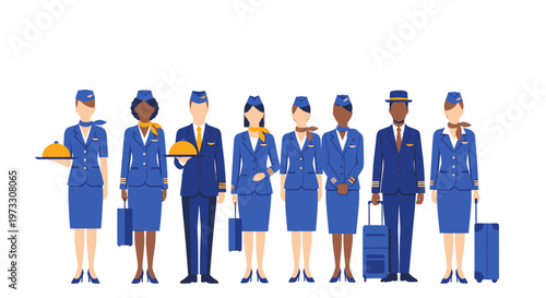 Diverse Flight Attendants in Uniforms, Ready for Service