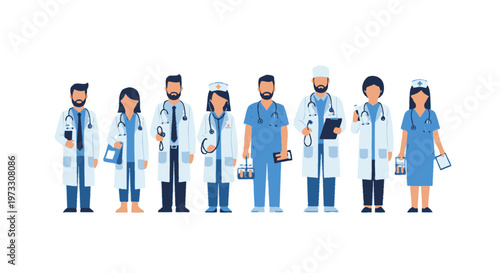 Diverse Medical Team in Uniforms with Stethoscopes and Medical Bags - Healthcare Professionals