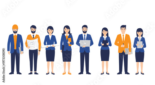 Diverse business professionals standing together, teamwork, corporate team, flat design