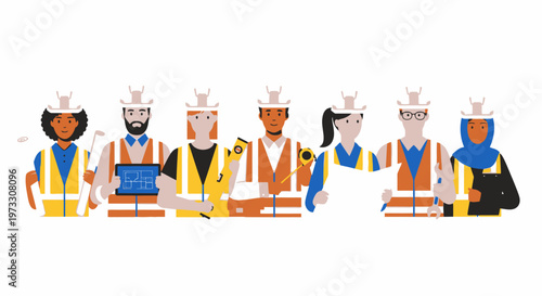 Diverse construction workers team with hard hats and safety vests, teamwork concept