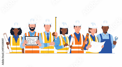 Diverse construction team of workers with blueprints and tools, ready for project