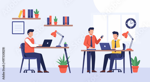 Modern office scene with three men working at desks, one on a laptop, two in discussion