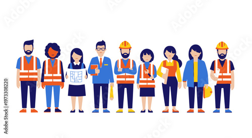 Diverse construction team of men and women in safety vests and hard hats