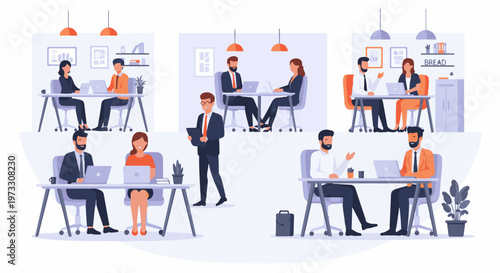 Diverse professionals collaborate and work on laptops in a modern, stylized office environment