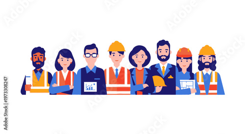 Diverse group of construction workers and professionals standing together