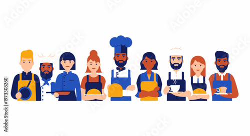 Diverse culinary team: chefs and kitchen staff with food and drinks