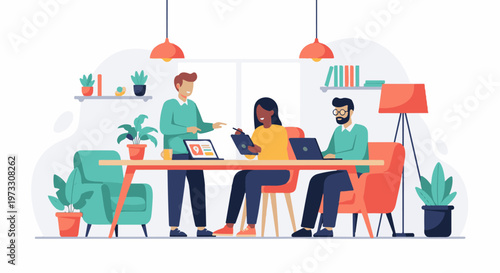 Three people collaborating on laptops and tablet in a modern office space with plants and lamps