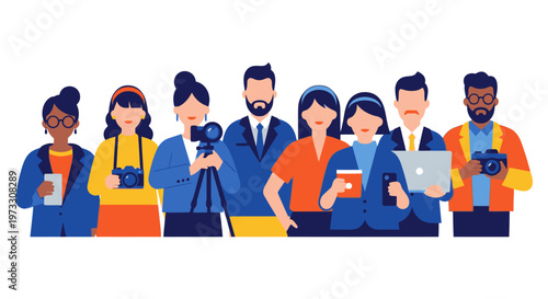 Diverse group of professionals with cameras and technology, flat illustration