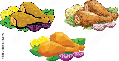 Vector set of roasted chicken drumsticks in three styles including cartoon hand drawn and low poly with lemon lettuce and red onion