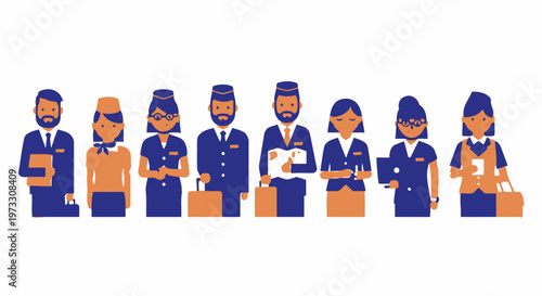 Diverse Hospitality Team: Hotel Staff, Flight Attendants, and Concierge in Uniforms