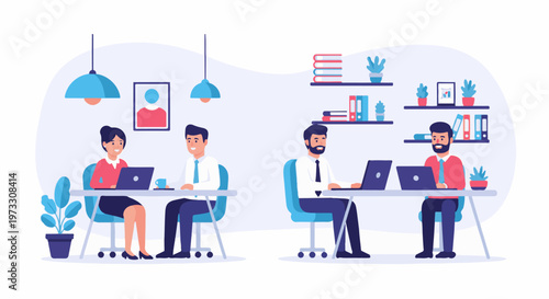 Colleagues work in modern offices, using laptops on desks with plants