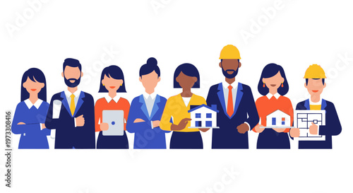 Diverse Team of Professionals Holding House Models and Blueprints