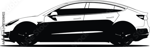 Minimalist black and white silhouette, modern sedan car, sleek aerodynamic design, futuristic electric vehicle, luxury automobile illustration, side profil