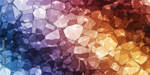 An abstract, mosaic-like pattern of geometric shards in a vibrant gradient from blue and purple to red and orange, like fractured light.