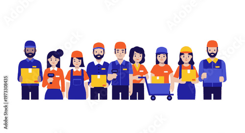 Diverse delivery team holding packages and equipment, cartoon style