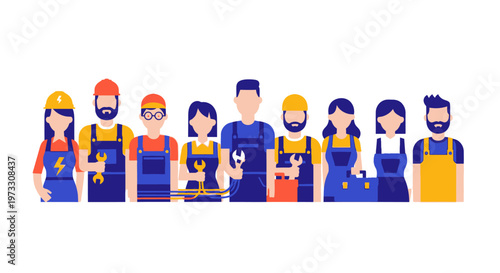 Diverse team of skilled workers with tools, flat design illustration