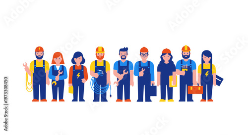 Diverse team of skilled workers in uniform with tools, industrial illustration