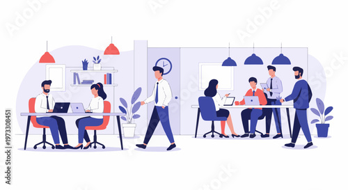 Modern office scene with diverse employees collaborating on projects and tasks