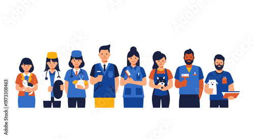Diverse Veterinary Team with Animals, Flat Design Illustration
