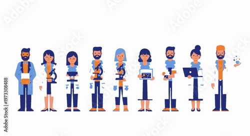 Diverse scientists in lab coats with research equipment and technology