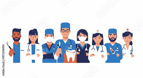 Diverse Medical Team of Doctors and Dentists with Tooth Illustration