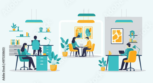 Abstract art, plants, and people working at desks in a modern office setting