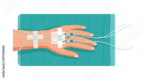 A meticulous medical illustration depicts a patient's hand resting on a green surgical drape with multiple intravenous lines and clear adhesive bandages.