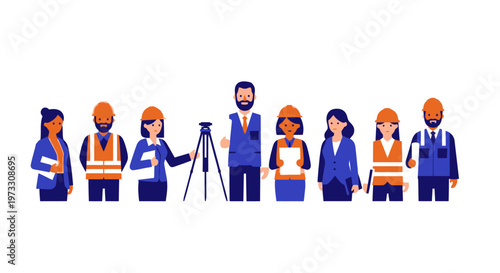 Diverse construction team in flat design with surveyor and blueprints