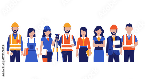 Diverse construction workers team, engineers and architects diverse group illustration